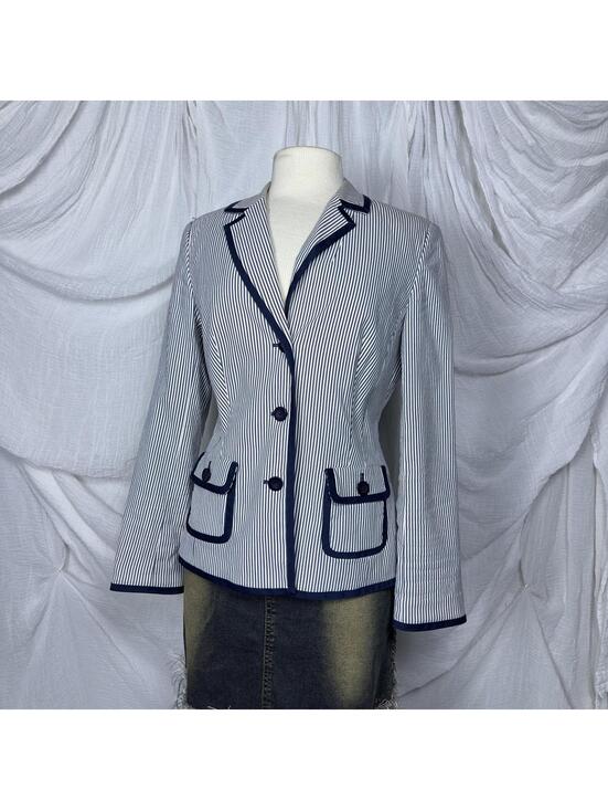 Peck & Peck Jackets & Blazers - Peck & Peck Weekend Striped Navy White Women's Blazer (8)